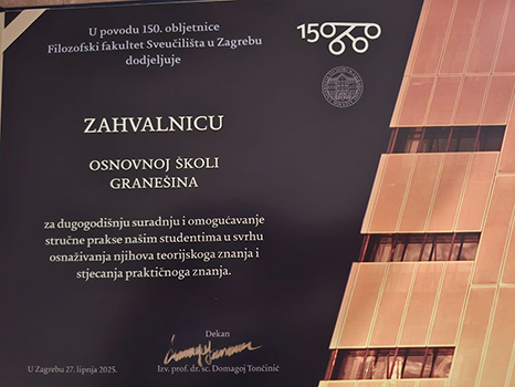 Zahvalnica Filozofskog fakulteta Sveučilišta u Zagrebu prof. Tatyani Butorac i OŠ Granešina